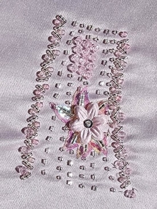 None Accessories - Vintage Embroidered & Beaded Floral Sampler Square Pink